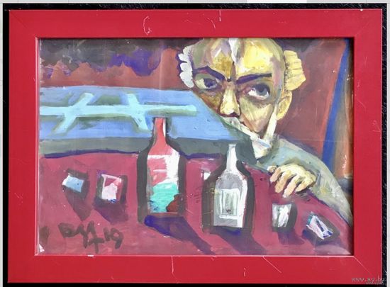 Акулов В.И. "Автопортрет с бутылками", 2019г. Картон, акрил. 34/24,5 см.