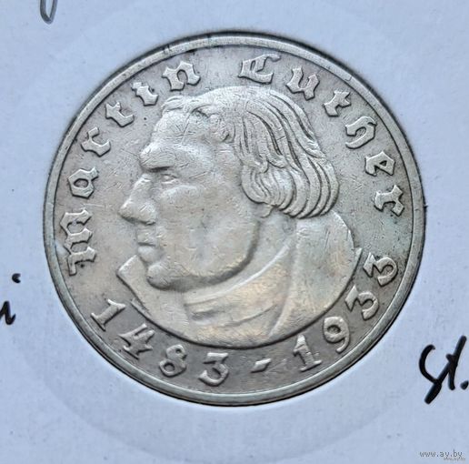 2 рейхсмарки 1933 Третий рейх 450 лет со дня рождения Мартина Лютера J Гамбург. Серебро! ВОЗМОЖЕН ОБМЕН!