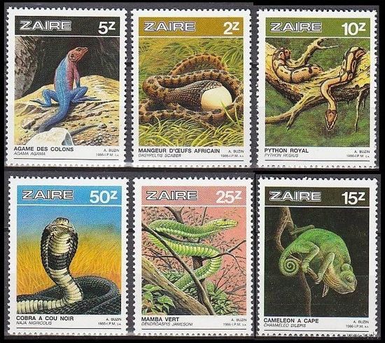 1987 Заир 939-944 Рептилии 6,00 евро