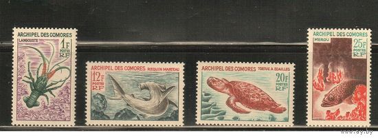 Коморы -1965(Мих.68-71),  ** ,   Морская  Фауна ,  Рыбы, Черепахи, Раки(полная серия)