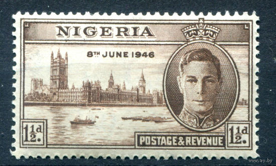 Британские колонии - Нигерия - 1946г. - Годовщина Победы во Второй Мировой войне, король Георг VI, здание парламента в Лондоне, 1 1/2 d - 1 марка - MH [Mi 62]. #2-Bc-46-A-1