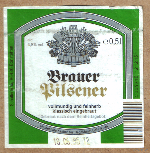 Этикетка пива Brauer pilsener Германия б/у Ф614