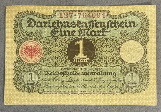 Банкнота 1 марка 1920 год. Веймарская республика