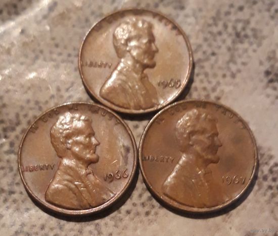 1 цент 1965. 1966. 1967 сет 3 шт. США Без обозначения МД