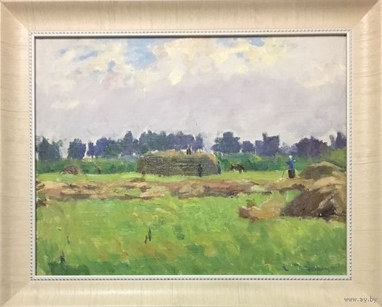 Дучиц Н.В. "Уборка сена", 1951 г. Холст на картоне масло.с рамой - 54,5х67,5 см.