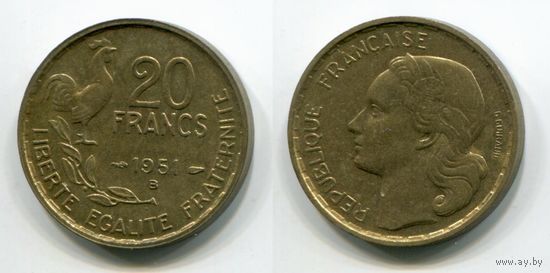 Франция. 20 франков (1951, буква B, XF)