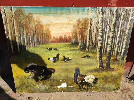 Картина холст масло 1969г тетерева ,глухари охота