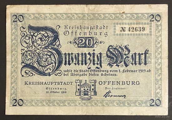 Банкнота 20 марок 1918 год. Герцогство Оффенбург. Веймарская республика
