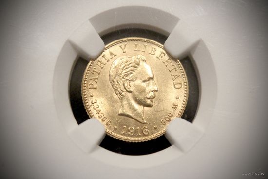 2 песо 1916 г. Куба, Аурелио Марио. NGC MS62