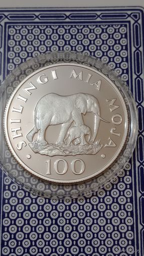 Танзания 100 шиллингов 1986 серебро слон с детёнышем