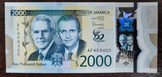 Ямайка 2000 долларов 2022 год UNC P-100a полимер "60 лет Независимости"