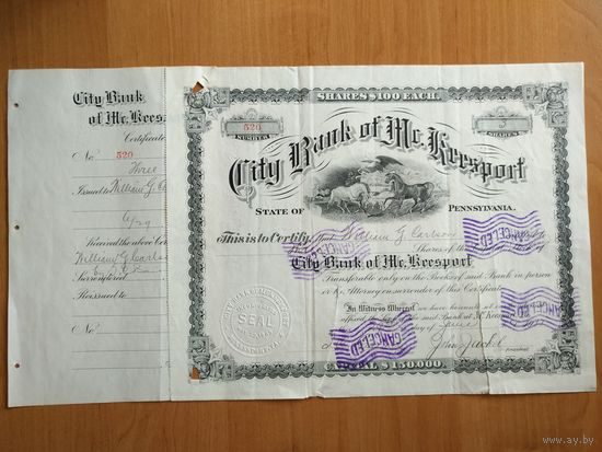 Акция городского банка г. Мак-Киспорт, Пенсильвания, США, 1911 г. (гашение)