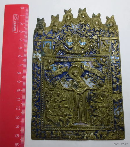 Икона. Всех Скорбящих Радость. Эмали (2 цвета), 19 век (Богородица без Младенца с разведенными в стороны руками, в правой руке - жезл), размер: 10 см. х 15 см. Красивая работа. Уверенный оригинал.
