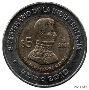 МЕКСИКАНСКИЕ СОЕДИНЁННЫЕ ШТАТЫ. 5 ПЕСО 2008. Игнасио Лопес Район. Двухсотлетие независимости. БИМЕТАЛЛ