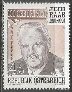 Австрия. 100 лет со дня рождения Ю.Рааба. Политик. 1991г. Mi#2047.