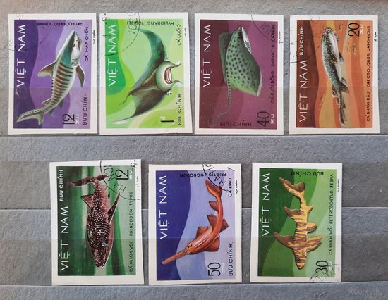 Вьетнам 1980г. Серия из 7 марок(без зубц.). Акулы. гаш.