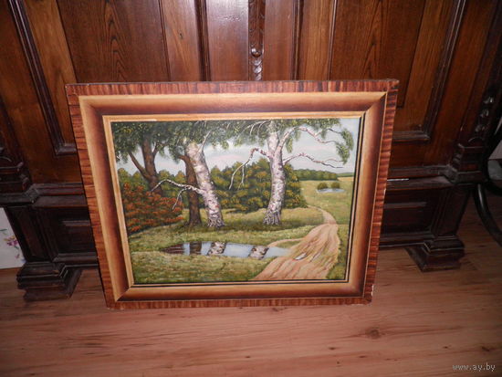 Картина пейзаж,объёмная(с нарисованной рамой) 70-е г.,картон/масло,Н/Х.С рубля.