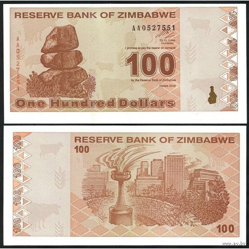 Зимбабве 100 долларов образца 2009 года UNC p97
