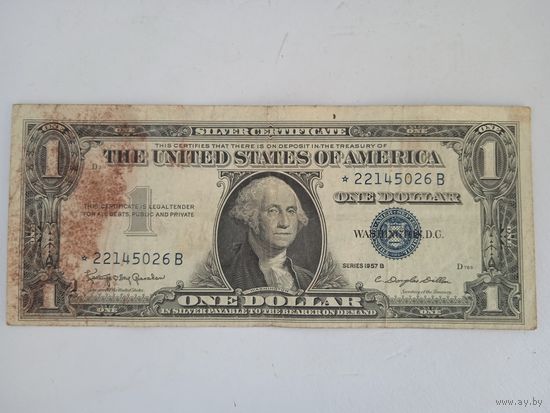Доллар серебряный сертификат замещения 1957 год, звёздочка, синяя печать, редкий , с рубля