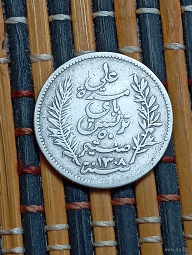 Тунис 1 франк 1891 года  . А . Французская колония . Серебро . С рубля .
