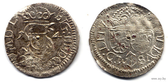 Шеляг 1614, Сигизмунд III Ваза, Вильно. Штемпельный блеск под патиной, красивое состояние!