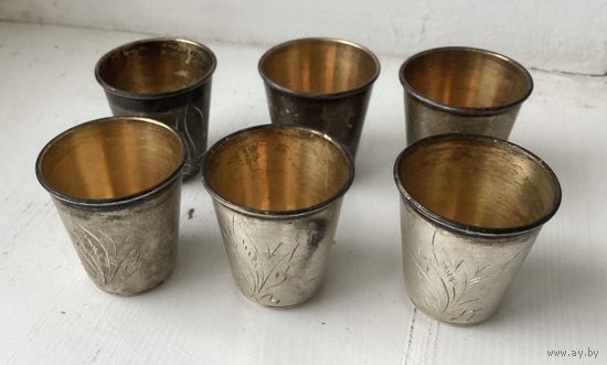 РЮМКИ-СТОПКИ СЕРЕБРО 875 проба,106.04гр.,6 шт.,позолота,гравировка