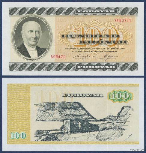 Фарерские острова (Фареры), 100 крон 1994 г, P-21f (AC, пастор Венсеслаус Ульрикус Хаммерсхаим, деревня Чирчубёвур), UNC