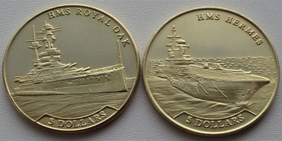 Науру. 5 долларов 2016 год "2 монеты - Боевые корабли Великобритании" Корабли - HMS Hermes и - HMS Royal Oak