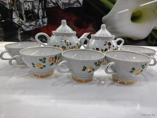 С 1 рубля!!! Винтажный Чайный сервиз ,Береза, производство Минского фарфорового завода. Ручная роспись. Позолота. Фарфор. СССР.