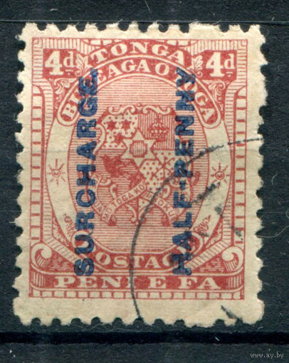 Королевство Тонга - 1894г. - герб, надпечатка 1/2 P на 4 P - 1 марка - гашёная [Mi 21]. #4-B5-130-A-1