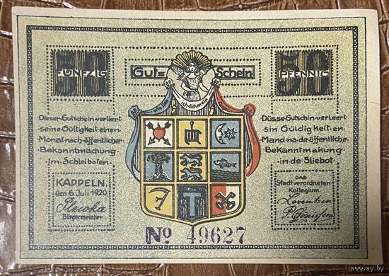 Нотгельд , 50 пфеннигов 1920 год. Каппельн. Веймарская республика