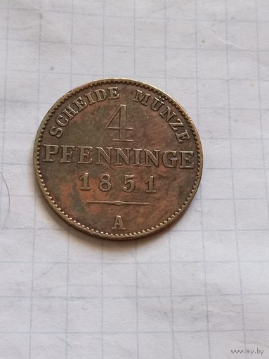 4 пфеннига (1/90 талера) 1851 года в блеске!!!