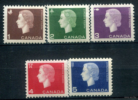 Канада - 1962/64г. - королева Елизавета II - 5 марок - полная серия, MNH, 1 марка MH, 1 с пузырьками на клее [Mi 348-352]. #3-WB-102-B-1