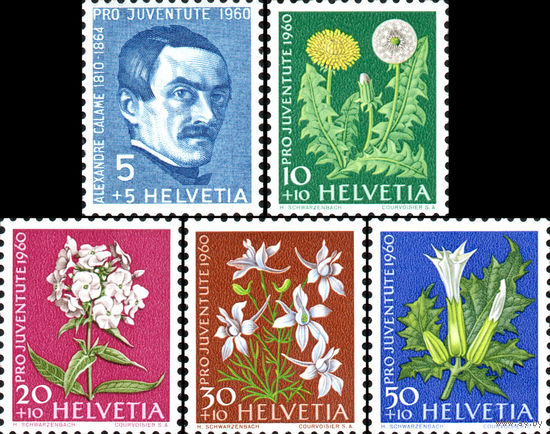 150 лет со дня рождения А Каламе. Луговые и садовые цветы (III) Швейцария 1960 год серия из 5 марок
