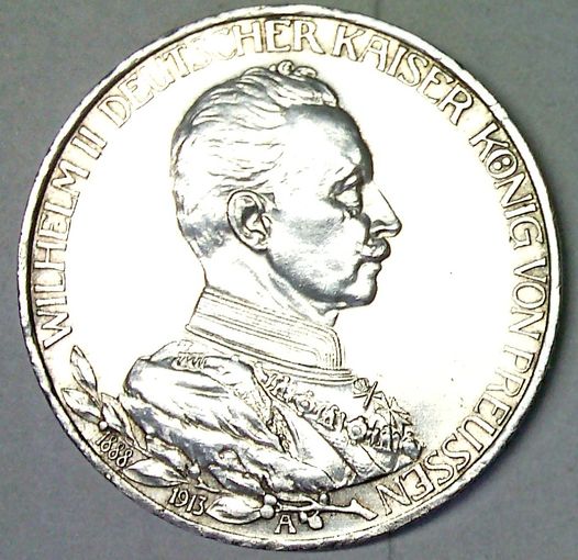 ГЕРМАНИЯ ПРУССИЯ 3 марки 1913 год "ВИЛЬГЕЛЬМ II - 25 лет Правления" (серебро) - ШТЕМПЕЛЬНЫЙ БЛЕСК!