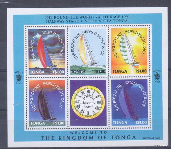 [1079] Тонга 1991. Парусный спорт.Парусники,яхты. БЛОК MNH. Кат.14 е.
