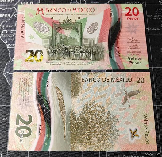 Мексика, 20 песо 2022 г, P-W132 6-2022(5) (CU, полимер, памятная - 200 лет независимости), UNC