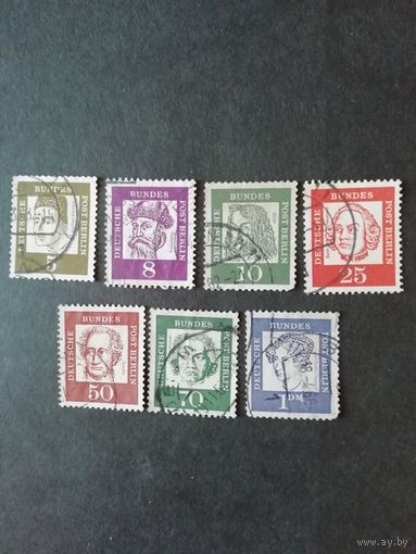 Западный Берлин 1961 неполная серия марок "Стандарт. Знаменитые немцы" (гашеные без клея) Mi.199,201-202,205,208,210,212 каталог 8.90 евро