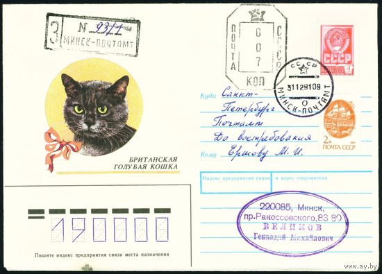 СССР 1990-1991 гг Художественный маркированный конверт ХМК с провизориями Британская голубая кошка