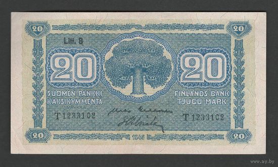 Финляндия 20 марок 1945 года. Litt. В. Тип P-86. Состояние аUNC+!