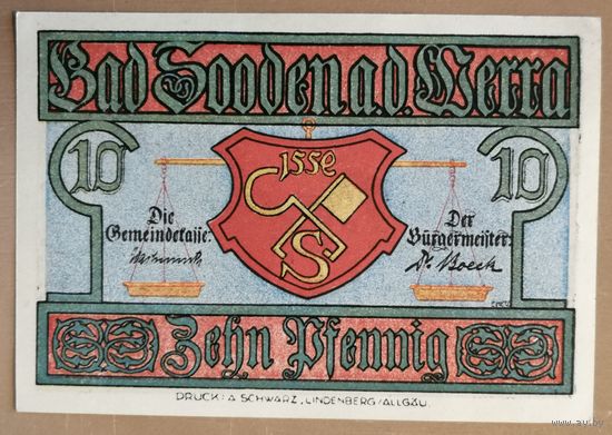 Германия, нотгельды, 10 пфеннигов 1921 год, Зооден на Верра (Bad Sooden an der Werra),