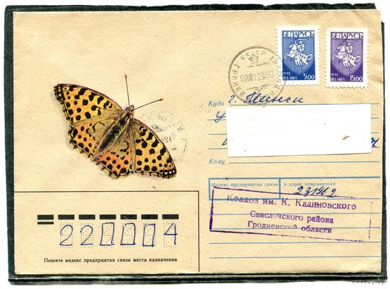 Беларусь. НМК. Конверт п.п. Провизорий. Бабочка. Гашение Гринки, Гродненской области 1993