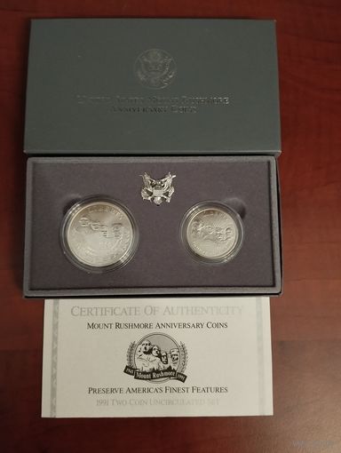 Подарочный набор США 1+0,5 доллар.50 лет Национальному мемориалу Рашмор.  Серебро.  1989г.