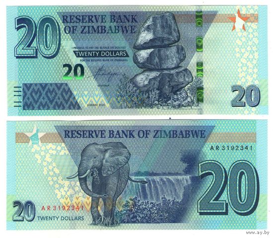 Зимбабве 20 долларов 2020 год UNC