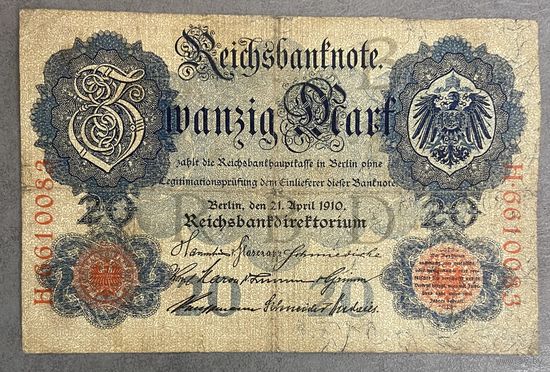 Банкнота 20 марок 1910 год. Германская империя.