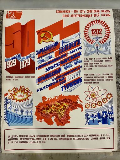 КОММУНИЗМ - ЭТО ЕСТЬ СОВЕТСКАЯ ВЛАСТЬ ПЛЮС ЭЛЕКТРИФИКАЦИЯ ВСЕЙ СТРАНЫ. Плакат СССР. Оригинал. 1979г. 57 на 43см. Из серии Величие пятилеток!