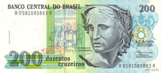 Бразилия 200 крузеиро образца 1990 года UNC p229