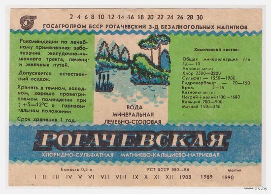 Этикетка минеральной воды Рагачоўская БССР
