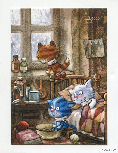 Открытка. Синие коты. Зима. Котята. Художник Ирина Зенюк (чистая)