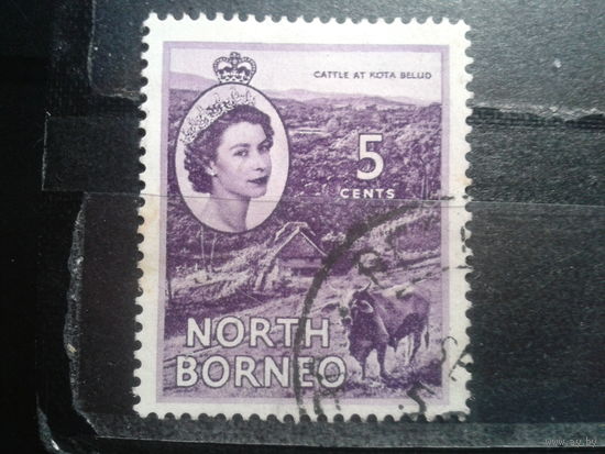 Северное  Борнео, колония Англии, 1954. Королева Елизавета II и местные мотивы, 5с